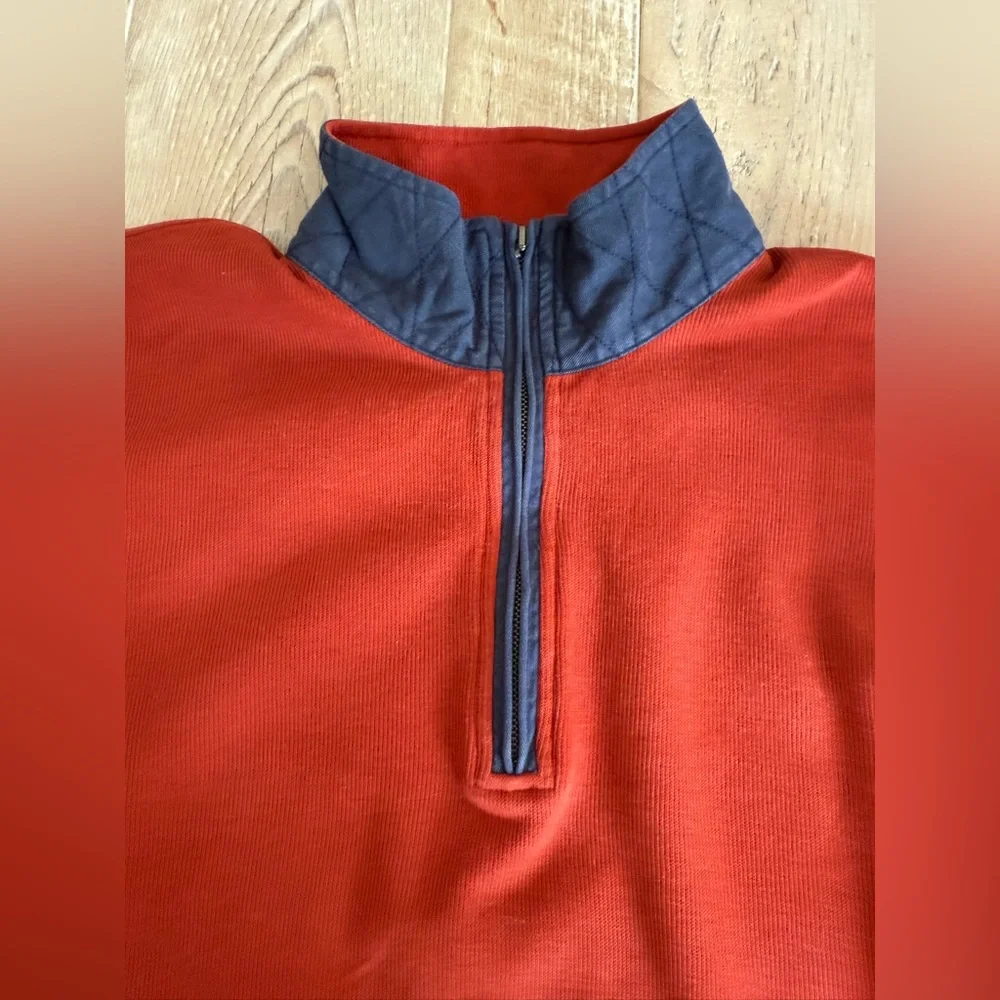 Thomas Dean Red Burnt OrangeZip-Up Sweater with Navy Trim L